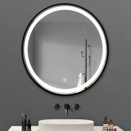 TMP IRON fürdőszobai tükör - FEKETE keret - kerek - LED világítással - 80 cm