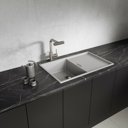Laveo TONGA szürke csepptálcás gránit mosogató helytakarékos szifonnal