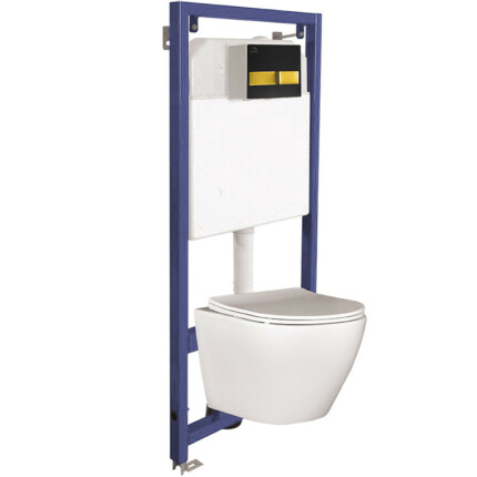 LAVEO AKAN / DESNA WC-szett rejtett fali tartállyal, arany/fekete öblítővel, fali WC-vel, keskeny ülőkével
