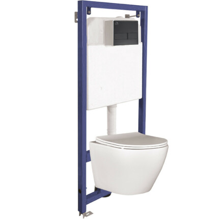 LAVEO AKAN / DESNA WC-szett rejtett fali tartállyal, fekete öblítővel, fali WC-vel, keskeny ülőkével