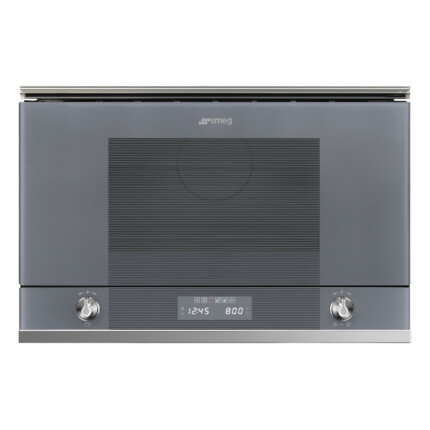 SMEG BEÉPÍTHETŐ MIKROHULLÁMÚ SÜTŐ, Linea design, 22 liter, 6 funkció, LED kijelző,forgótányér nélküli, ezüst szürke üveg